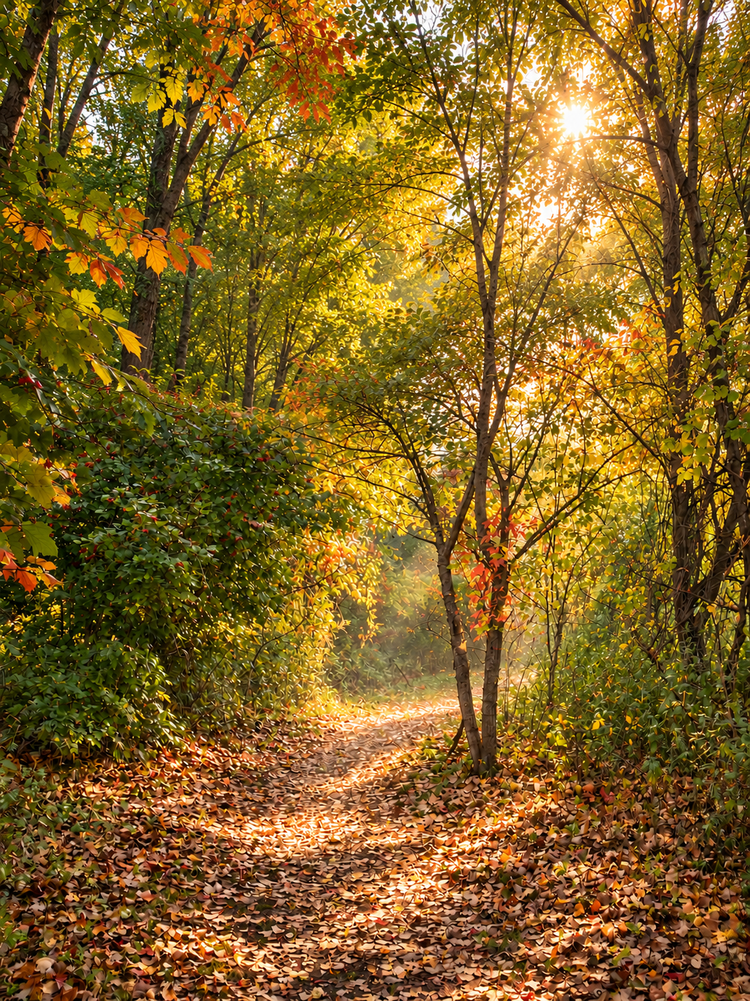 The leaf-covered forest path at the sanctuary entrance